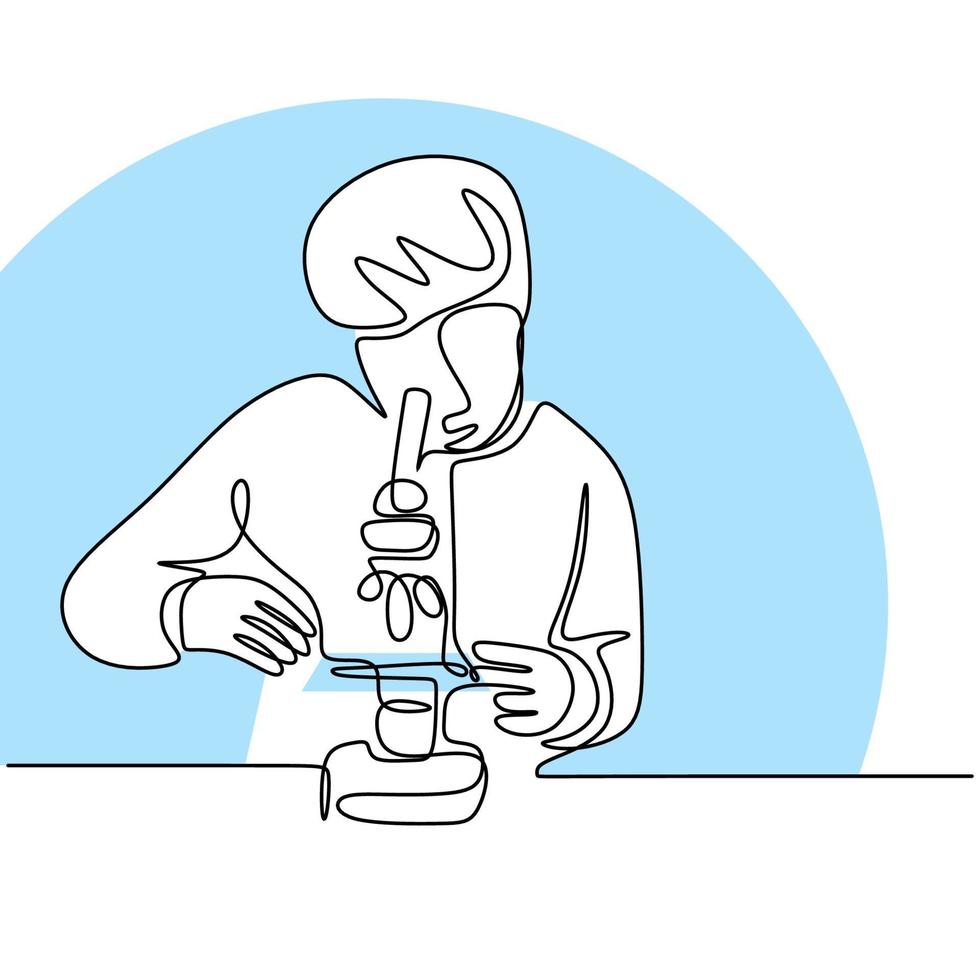 Un dibujo de línea continua del científico analiza la muestra con un microscopio de laboratorio. El Un dibujo de línea continua del científico analiza la muestra con un microscopio de laboratorio. El