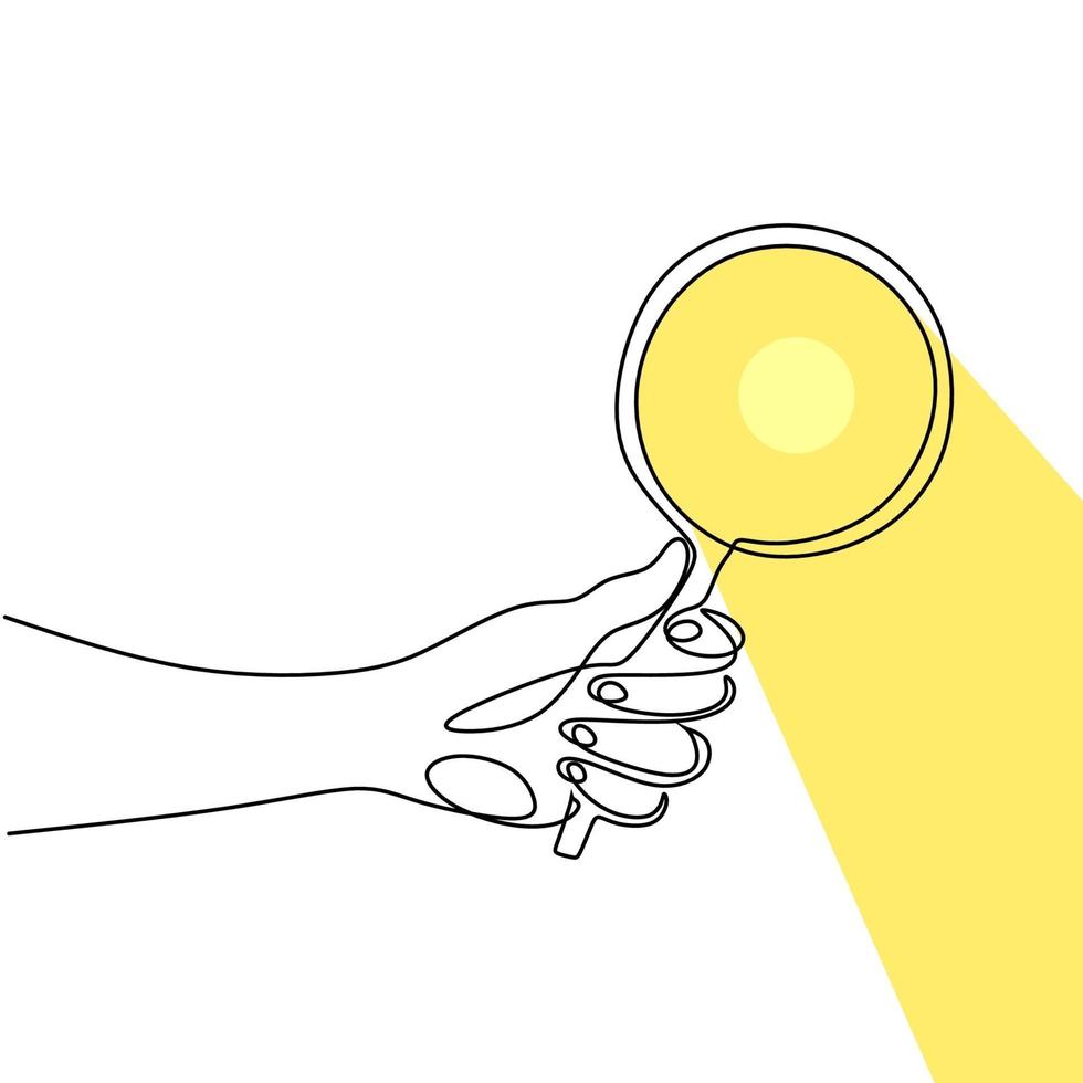 mano que sostiene la lupa dibujo de una línea ilustración vectorial continua dibujada a mano única. lupa con luz solar reflejada. el concepto de teoría de la ciencia con diseño minimalista vector