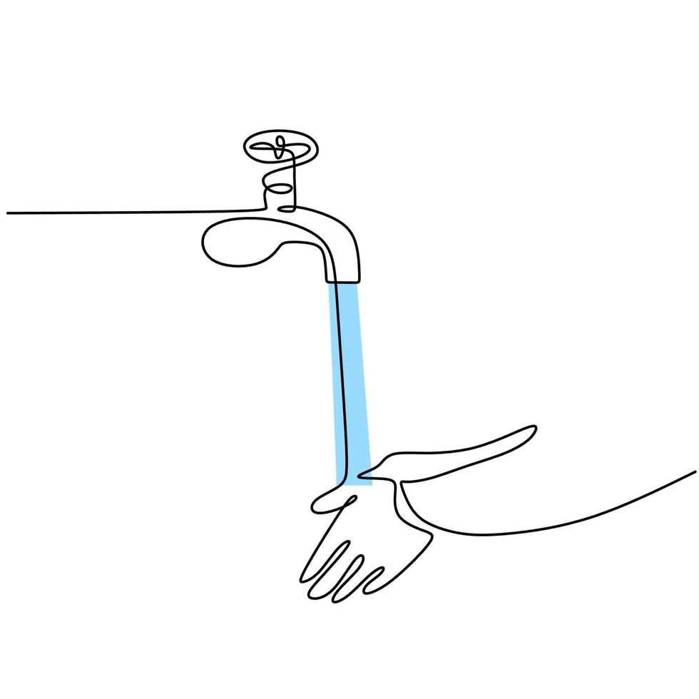 dibujo continuo de una línea de lavarse las manos en el fregadero aislado sobre fondo blanco. lavarse las manos de las personas con agua del grifo para prevenir infecciones bacterianas o virales. vector