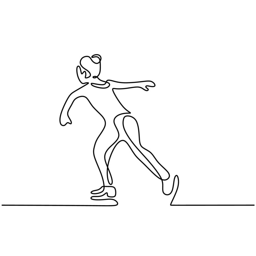 dibujo de línea continua de niña patinadora. Hermosa mujer jugando a patinador sobre hielo mientras baila en la zona de hielo aislada sobre fondo blanco. concepto de actividades al aire libre de invierno diseño minimalista dibujado a mano vector