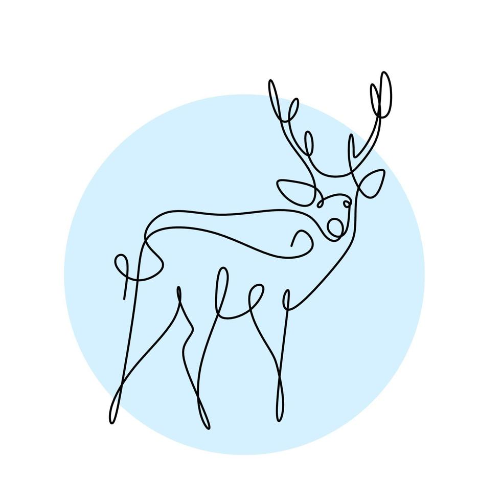 One continuous line design silhouette of deer. The reindeer standing in the field hand drawing line art on white background minimalism design. Christmas animal concept. Vector sketch illustration