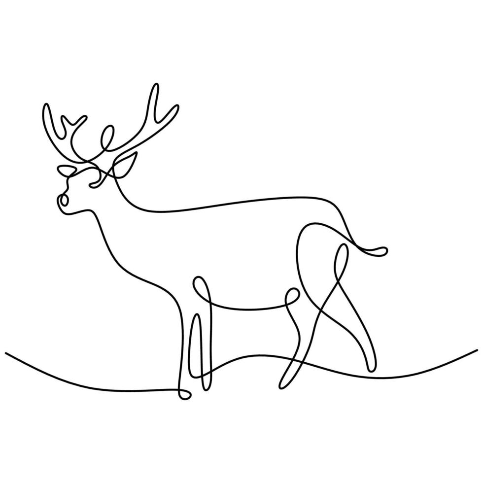 One continuous line design silhouette of deer. The reindeer standing in the field hand drawing line art on white background minimalism design. Christmas animal concept. Vector sketch illustration