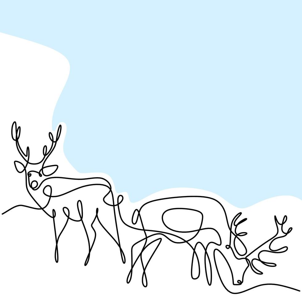 dibujo de una línea continua de dos renos. dos ciervos en el bosque de diseño minimalista aislado sobre fondo blanco. concepto de animal de invierno dibujado a mano arte lineal ilustración de dibujo de vida silvestre vector