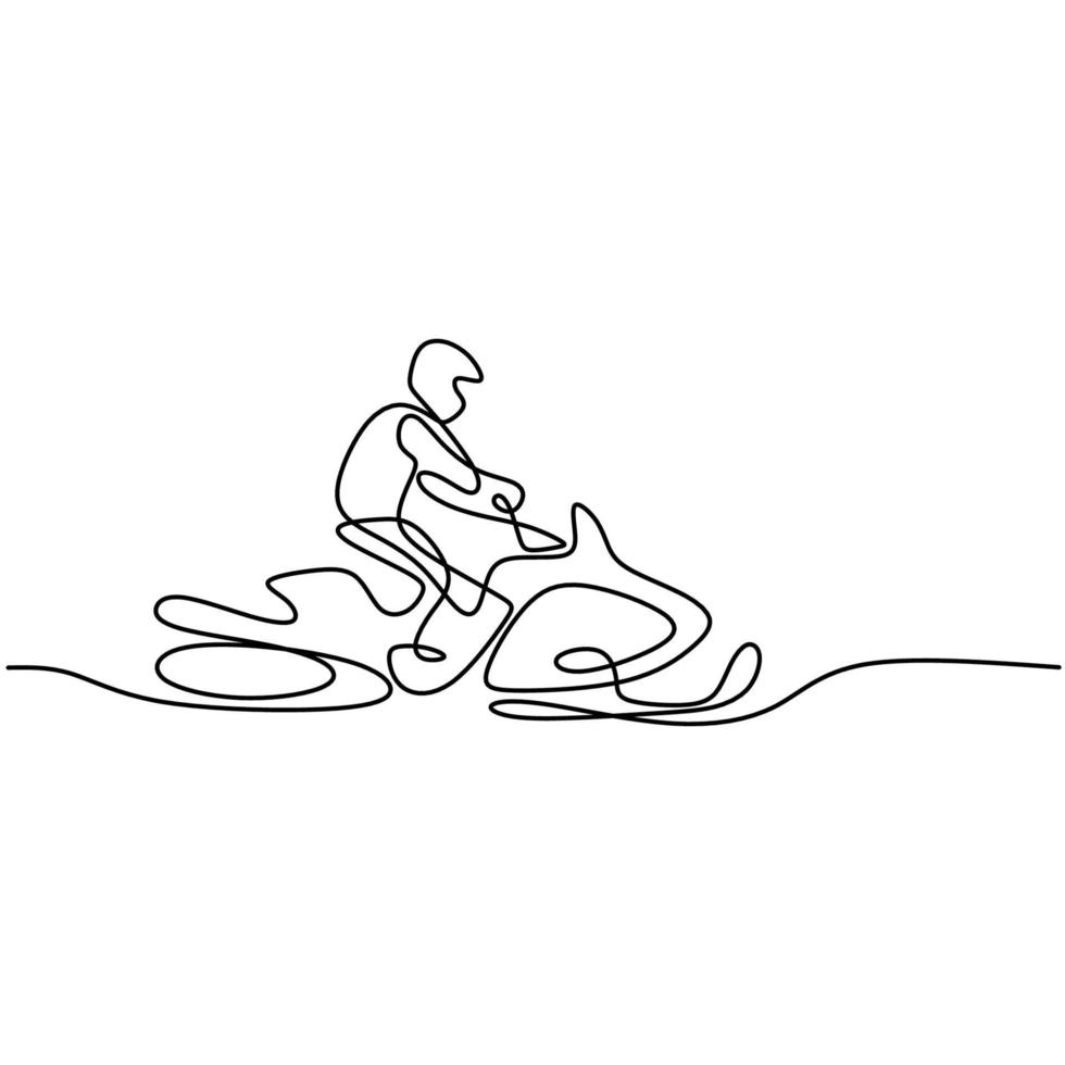 Hombre de línea continua única dibujada en una moto de nieve en nieve fresca aislado sobre fondo blanco. hombre joven conduciendo motos de nieve. concepto de deporte de invierno extremo. estilo minimalista. ilustración vectorial vector