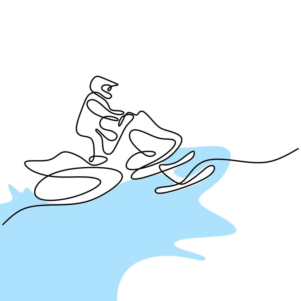 Hombre de línea continua única dibujada en una moto de nieve en nieve fresca aislado sobre fondo blanco. hombre joven conduciendo motos de nieve. concepto de deporte de invierno extremo. estilo minimalista. ilustración vectorial vector