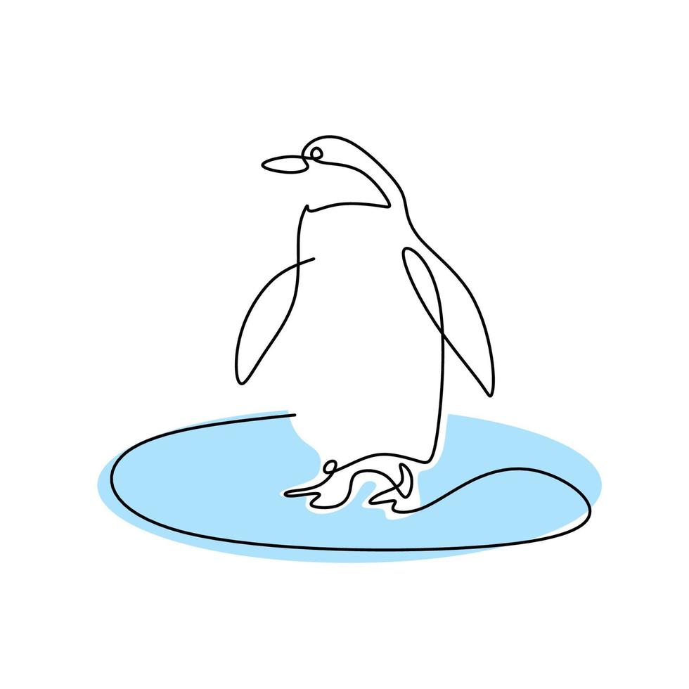 pingüino dibujo vectorial continuo de una línea. un pingüino está de pie en el hielo aislado sobre fondo blanco. las aves acuáticas no voladoras dibujadas a mano en estilo minimalista. concepto de animales de invierno vector