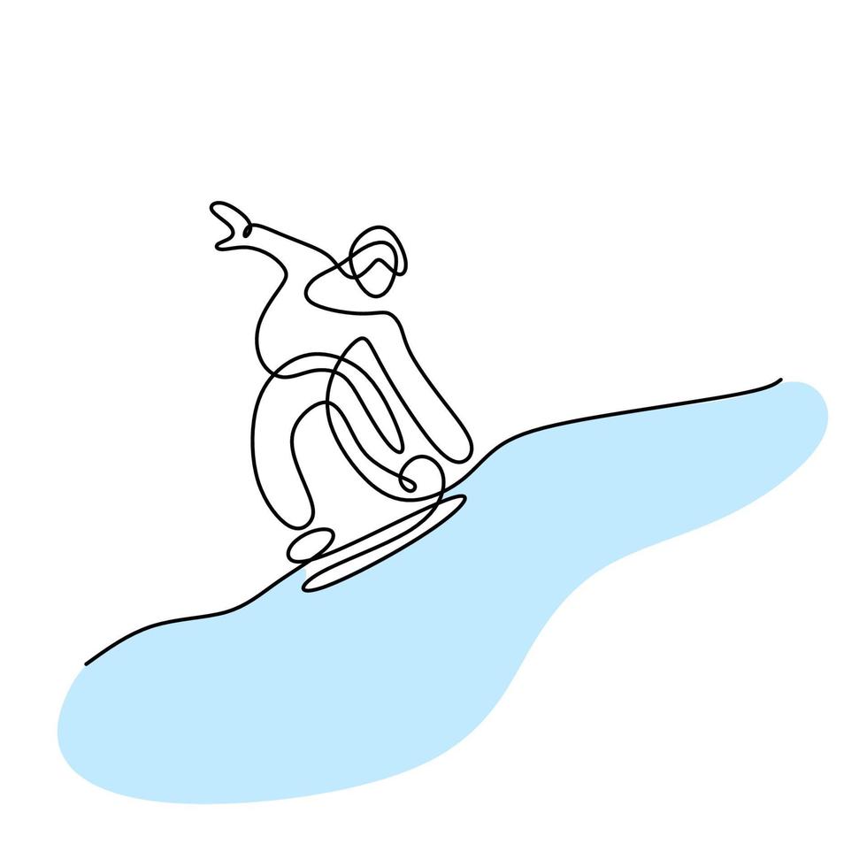 One continuous line drawing of snowboarder man hand drawn line art minimalist design. Young sporty male snowboarder riding snowboard in alps snowy powder mountain. Winter lifestyle sport concept vector