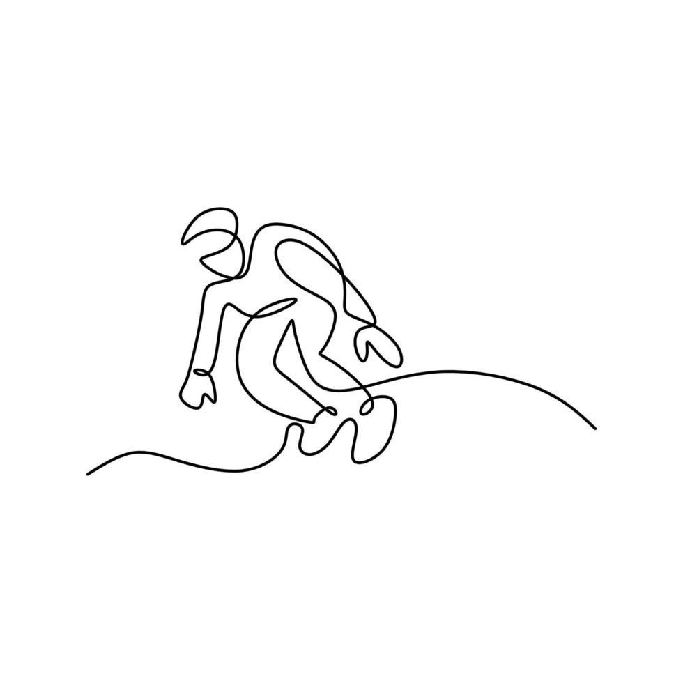 One continuous line drawing of snowboarder man hand drawn line art minimalist design. Young sporty male snowboarder riding snowboard in alps snowy powder mountain. Winter lifestyle sport concept vector