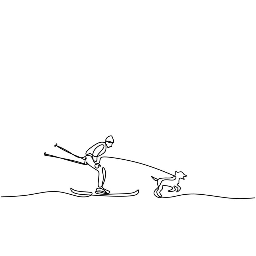 un dibujo de una sola línea joven deportivo jugando esquí de hielo. macho joven deportivo enérgico en esquís es tirado por un perro aislado sobre fondo blanco. estilo de vida de invierno y concepto de deporte extremo vector