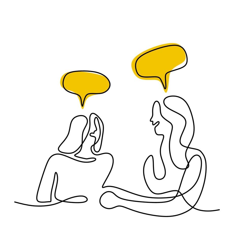 dos mujeres jóvenes sentadas detrás de la mesa hablando con burbujas de discurso dibujo de línea continua. hermosa mujer de negocios discutiendo el contrato del proyecto juntos durante la reunión. ilustración vectorial vector