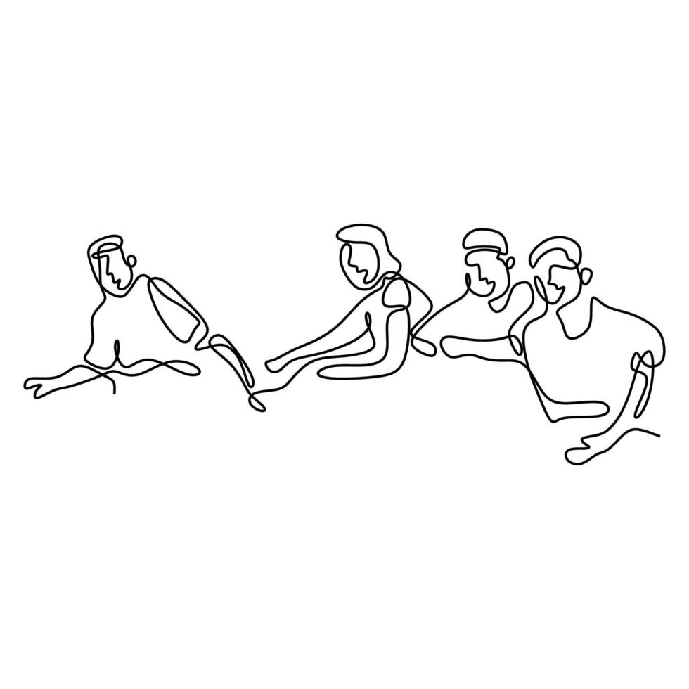 grupo de felices jóvenes amigos dibujo continuo de una línea. feliz adolescente masculino y femenino sentado mientras habla y ríe juntos. concepto de amistad. ilustración de diseño vectorial vector
