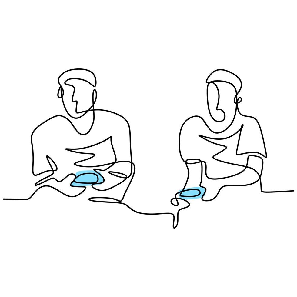 Continuous line drawing of two young gamer playing a game console. Happy male sitting on couch sparring playing games in their spare time. Gamers addict concept. Vector sketch illustration