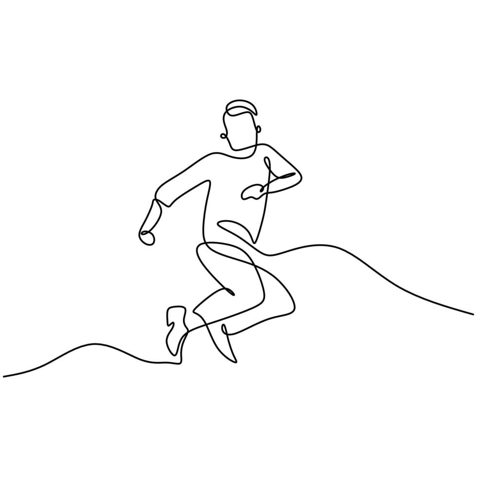 Continuous line drawing of happy jumping man. A young teenager male showed a happy expression with jumping high. The concept of freedom, succeed hand-drawn line art design with minimalist style vector