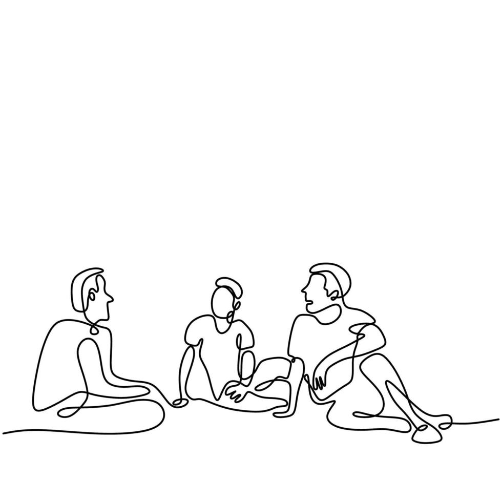 Continuous line art silhouette of three men. vector