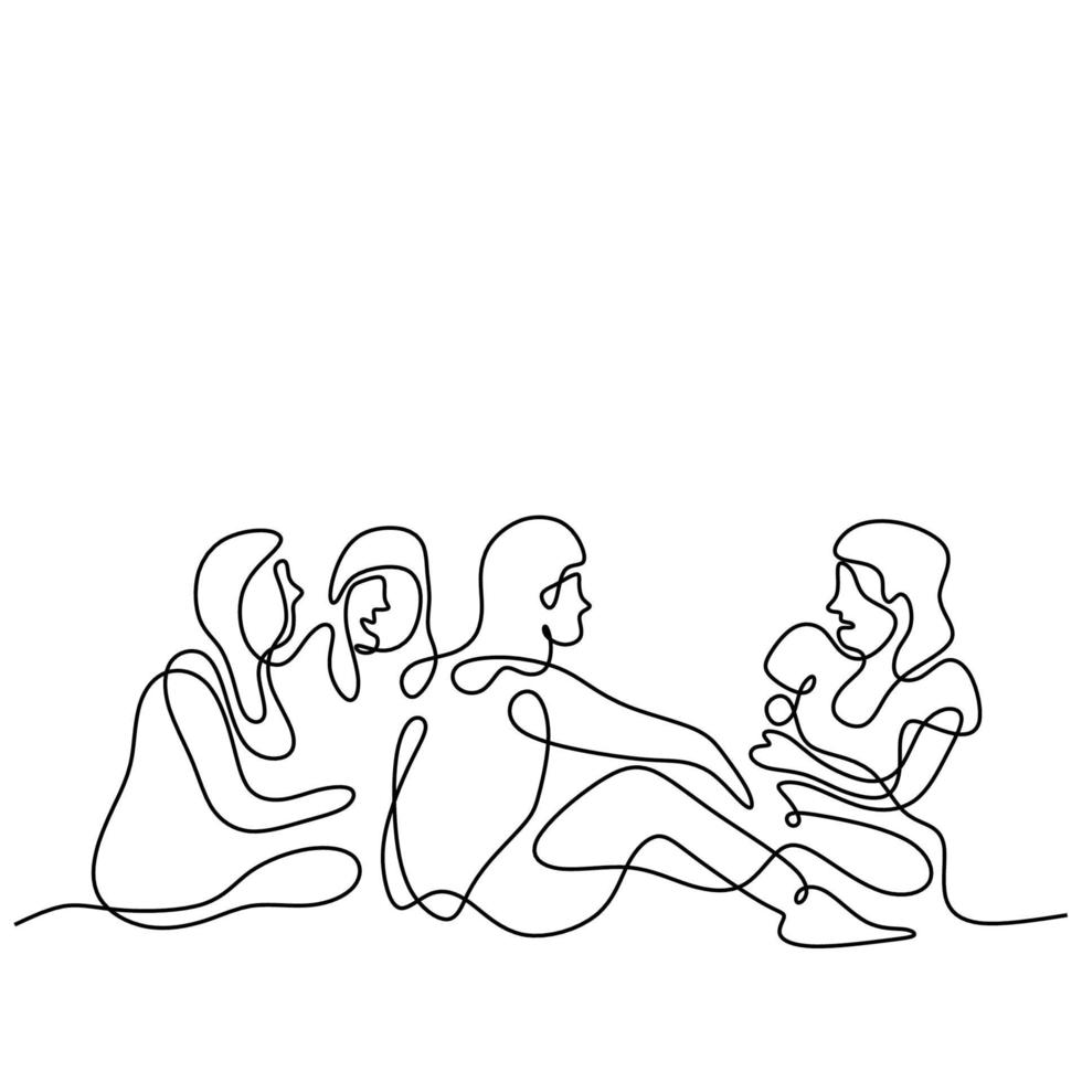 Group of woman continuous line drawing. Young teenager female sitting and talking together isolated on white background. Friendship concept hand-draw line art with minimalism design. vector