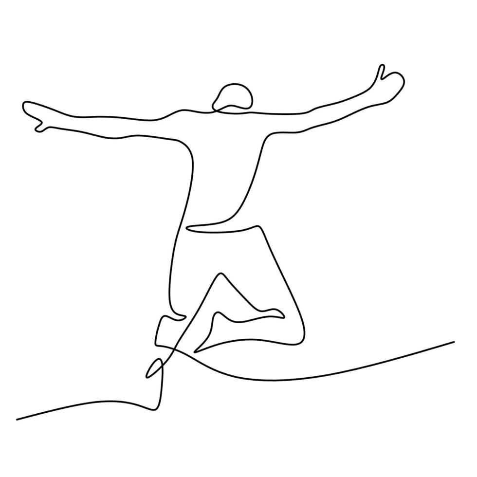 dibujo de línea continua de hombre feliz saltando. un joven adolescente mostró una expresión feliz saltando alto. el concepto de libertad, tenga éxito en el diseño de arte lineal dibujado a mano con estilo minimalista vector