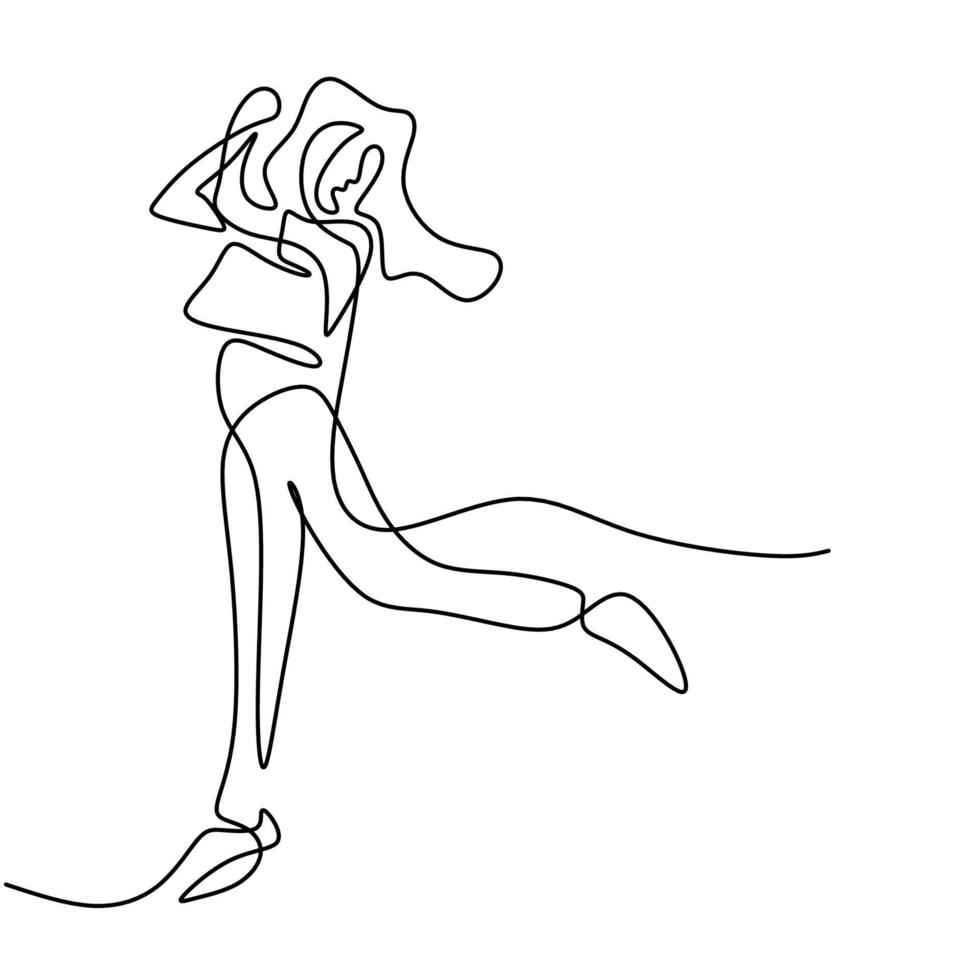 Continuous one single line drawing happy jumping woman. Beautiful energetic female jumping for joy and looks very happy. Happiness, freedom, motion people concept. Vector design illustration