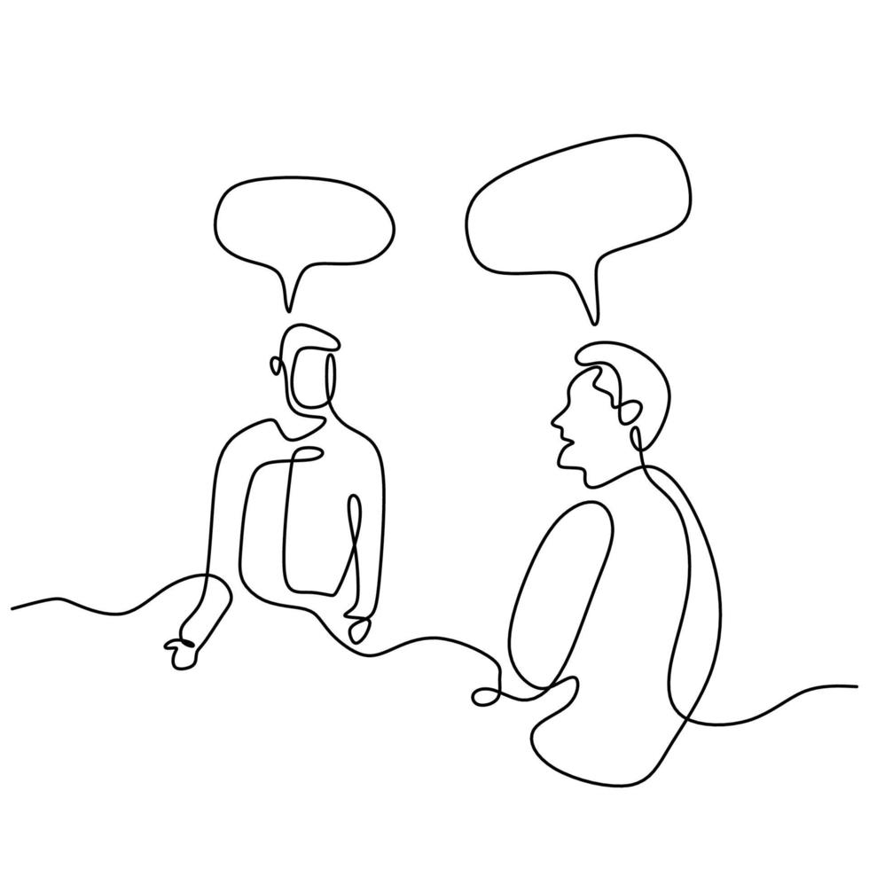 Continuous line drawing of two men sitting while talking about business plan with speech bubble. Young male enjoy discussing work task and strategy for new business isolated on white background vector