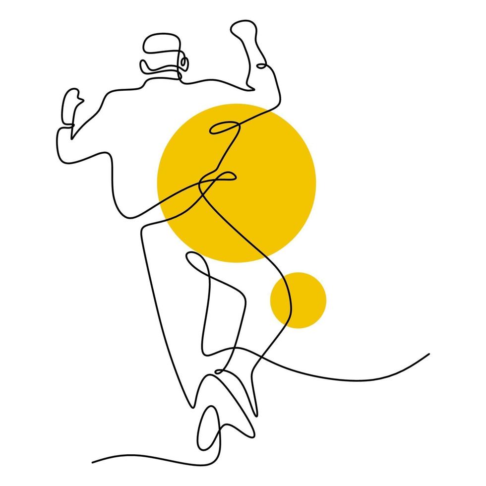 Continuous line drawing of happy jumping man. A young teenager male showed a happy expression with jumping high. The concept of freedom, succeed hand-drawn line art design with minimalist style vector