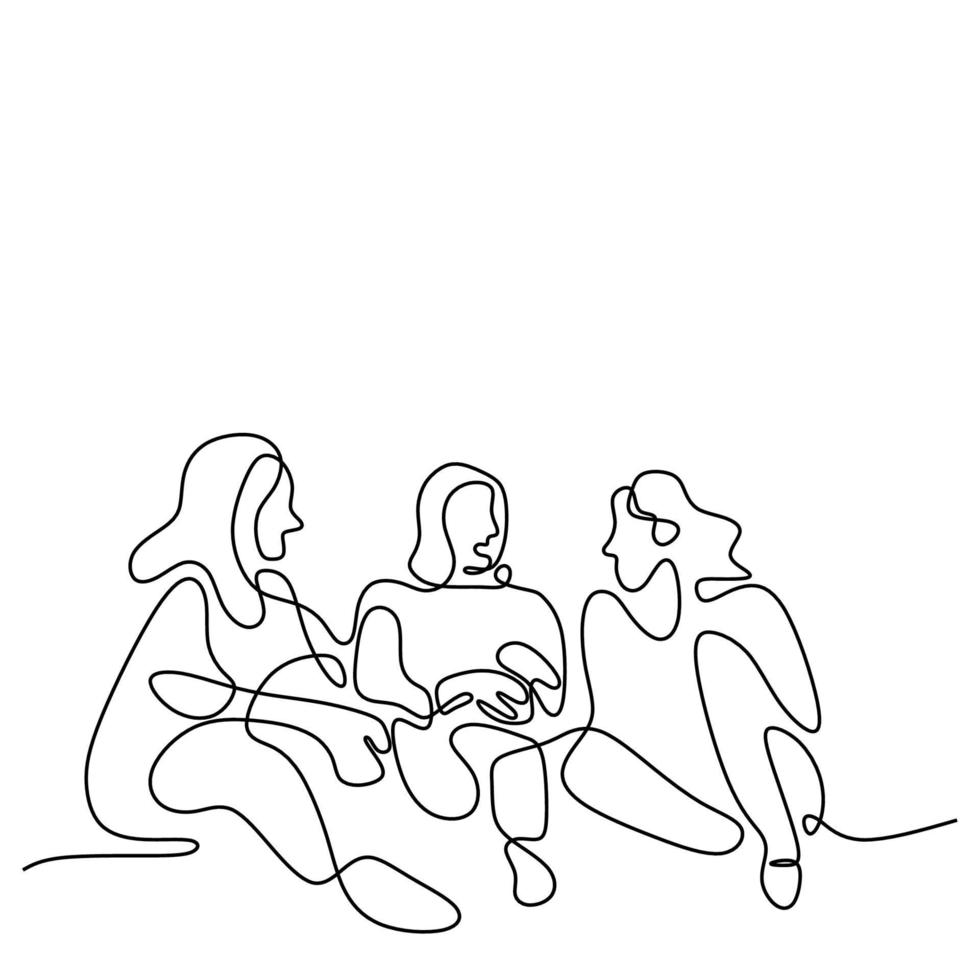 Group of woman continuous line drawing. Young teenager female sitting and talking together isolated on white background. Friendship concept hand-draw line art with minimalism design. vector