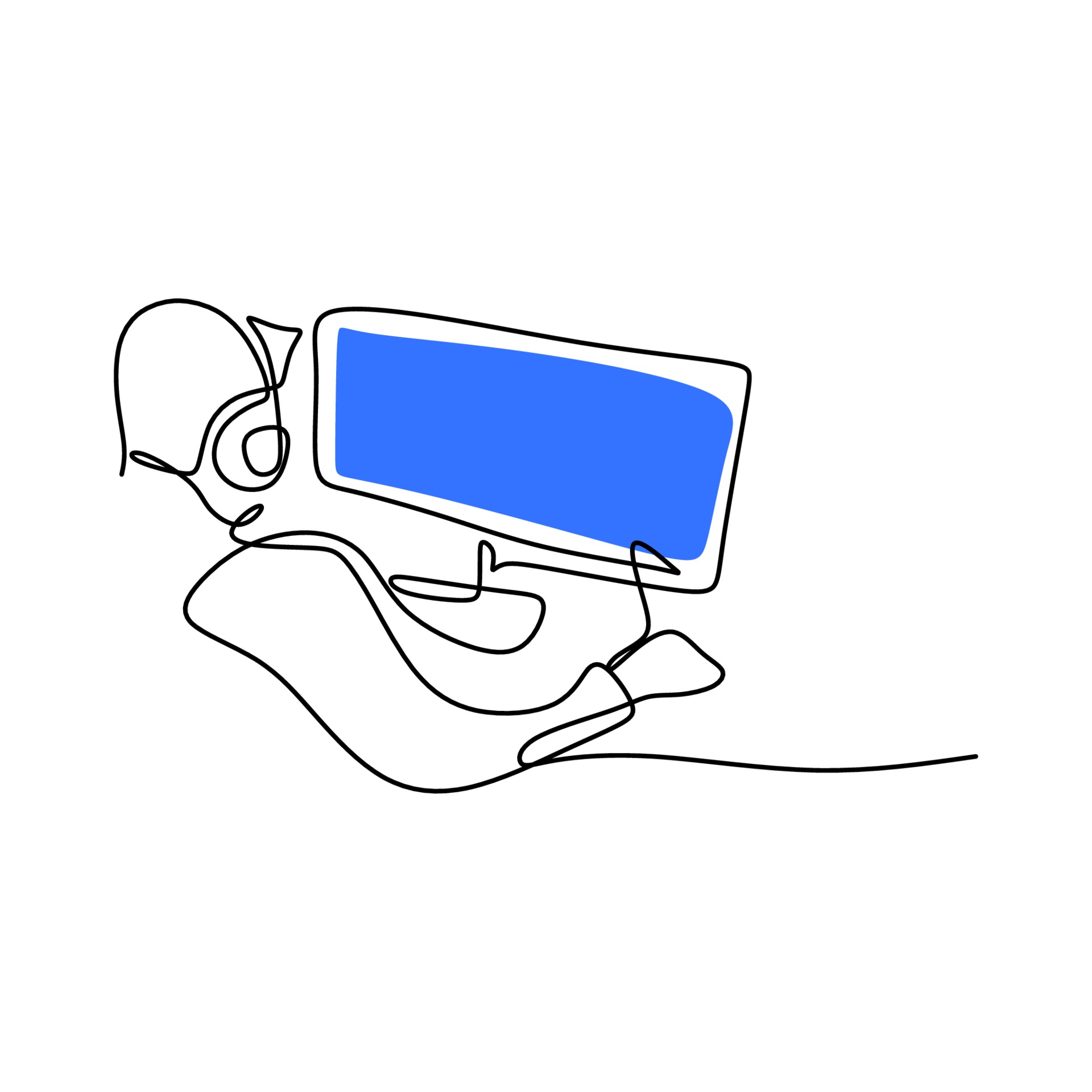 A young man with headset looking at monitor computer. Continuous one line  drawing of a gamer playing games with computer monitor, headphone, mouse,  and keyboard. Sparring game online concept 2099823 Vector Art