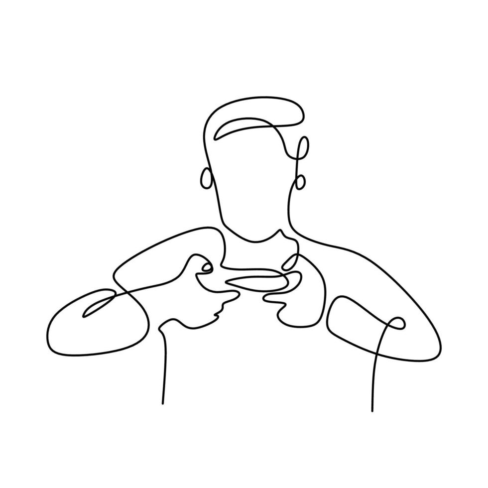 Continuous line drawing of gamer. A man playing the game with joystick at home during self isolation in pandemic hand-drawn picture silhouette. Line art minimalism design. Vector illustration