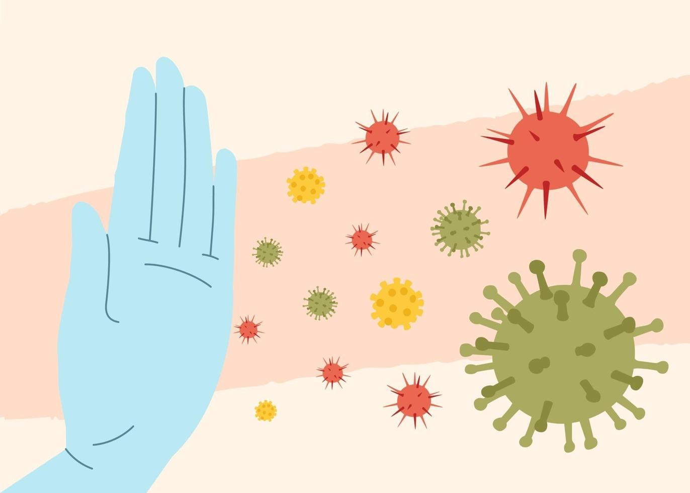 Say STOP to coronavirus, bacteria, fungi and infections. Vector illustration of Corona virus with hand gesture stop. Pandemic and corona virus outbreaks.