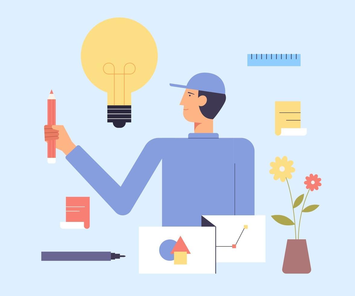 Graphic design professional. Cool vector flat design illustration on creative specialist at work.