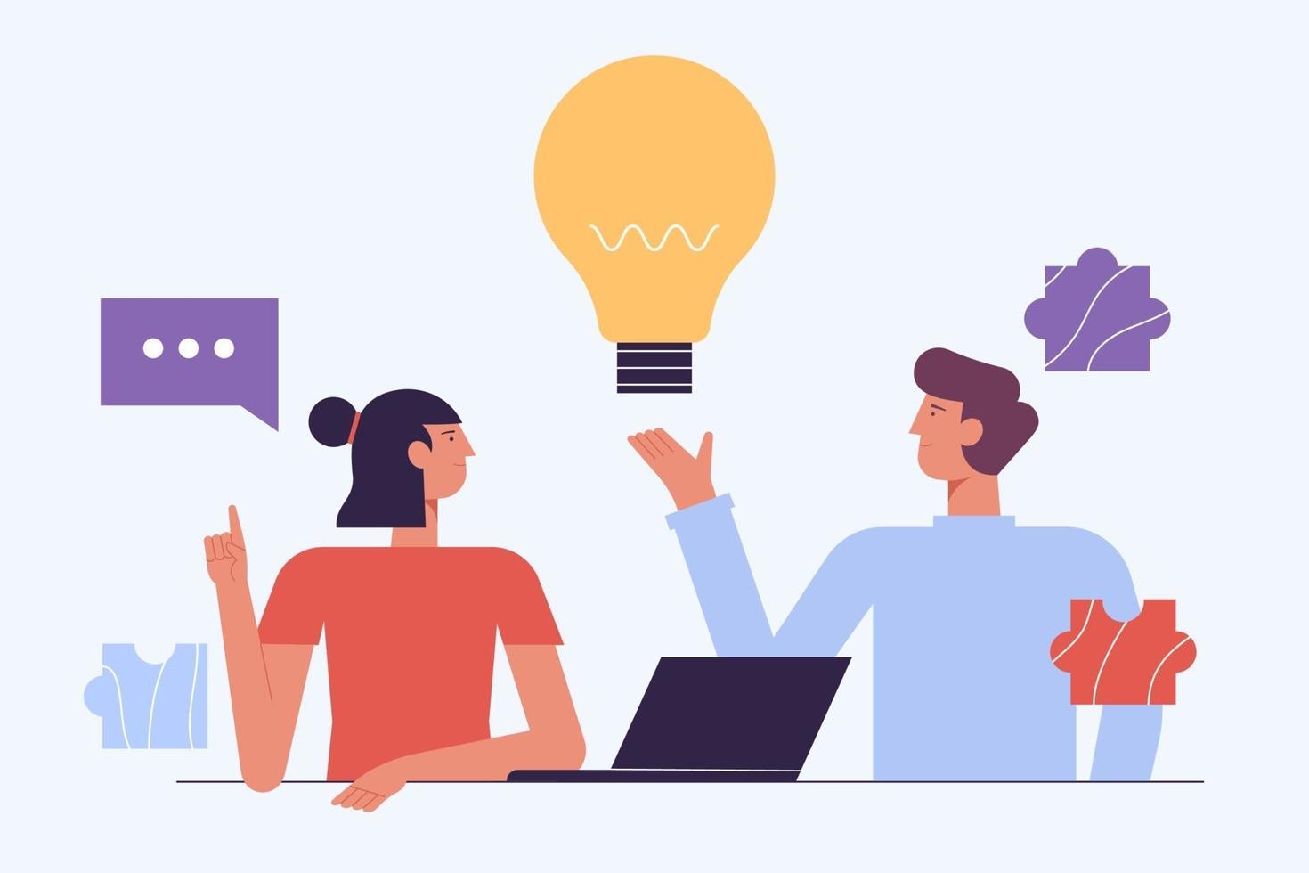 Brainstorm Concept. Creative People. Have Idea Working Together with Laptop .Successful Team in Coworking Space Developing Project. Partnership Cartoon Flat Vector Illustration