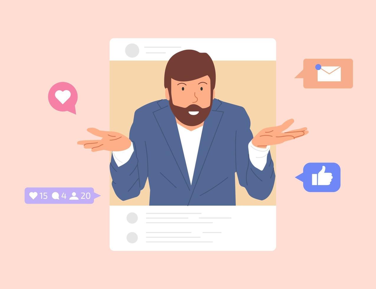 Guy browse social networks. Man making post and sharing happy moments with his followers. Social media influence and addiction. Vector illustration in flat cartoon style.