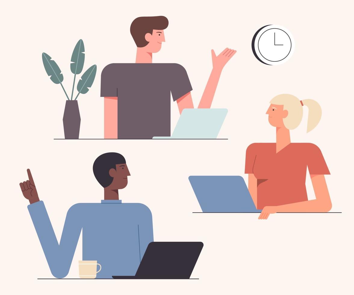 Friendly teamwork collaboration vector illustration. Cooperation time. Team of co-workers creative new project together flat style design. Teambuilding concept