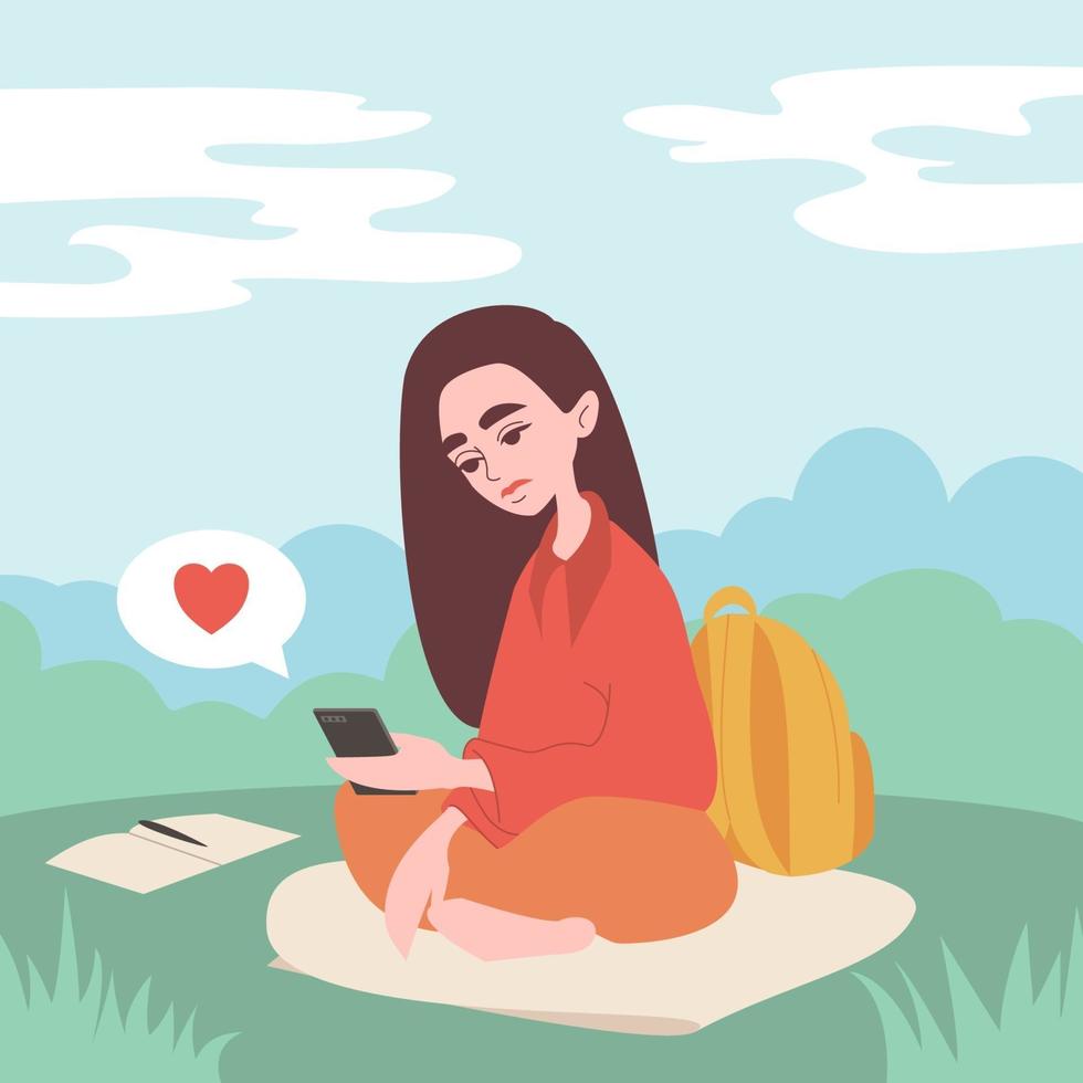 Woman with phone illustration concept. Girl Browsing Internet, Chatting, Blogging. Young girls using phone, sitting legs crossed. vector