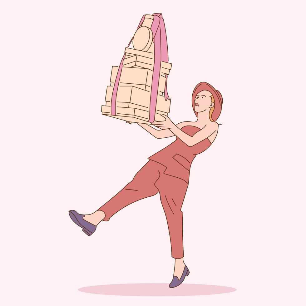 Woman carrying bags with purchases. Concept of shopping addiction, shopaholic behavior. Mental illness, behavioral problem, psychiatric condition. Flat cartoon colorful vector illustration.