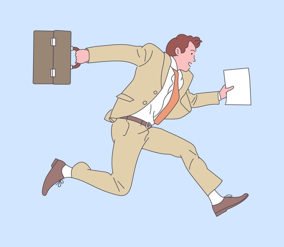 Happy successful businessman jumping with case. Flat vector illustration.