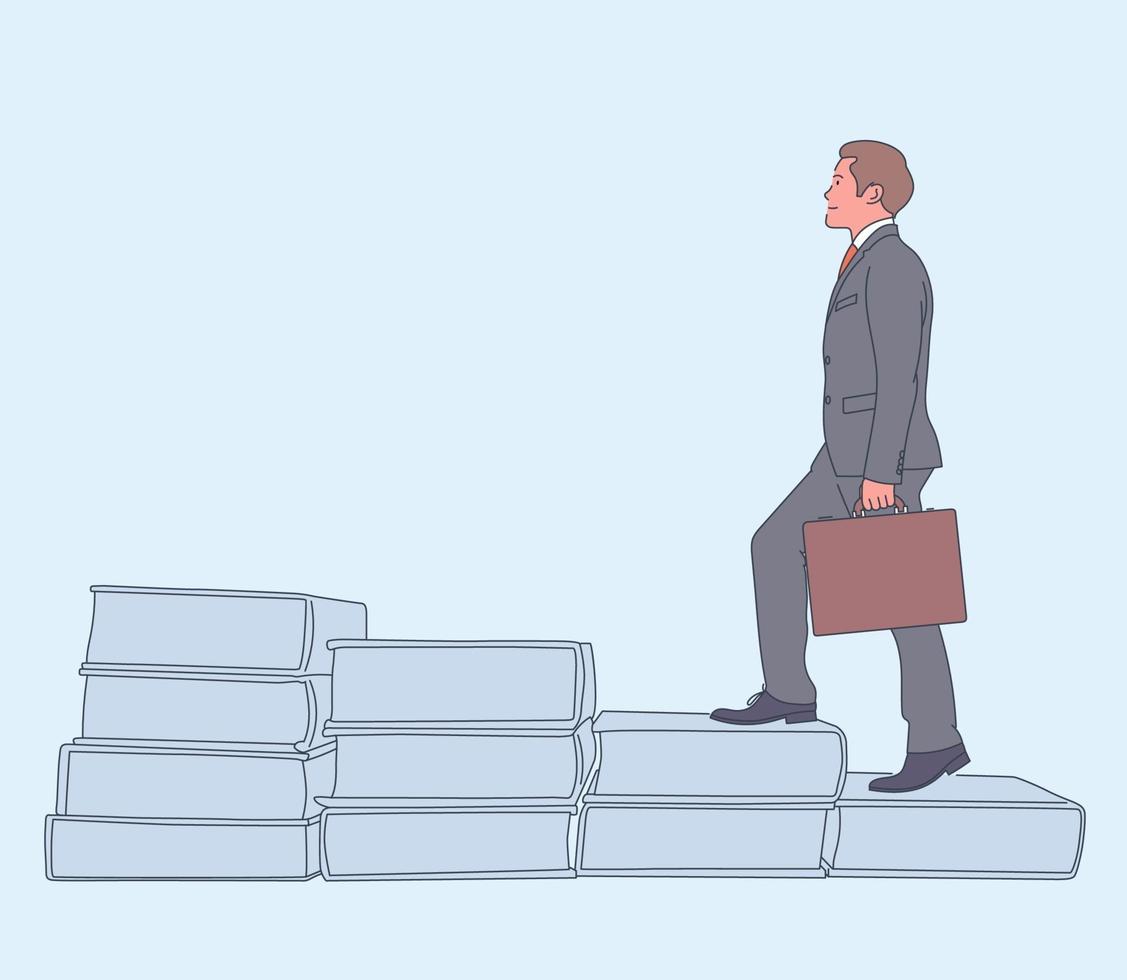 Career advancement, successful, achievement. Happy successful businessman moving up the career ladder with a case. Flat vector illustration.