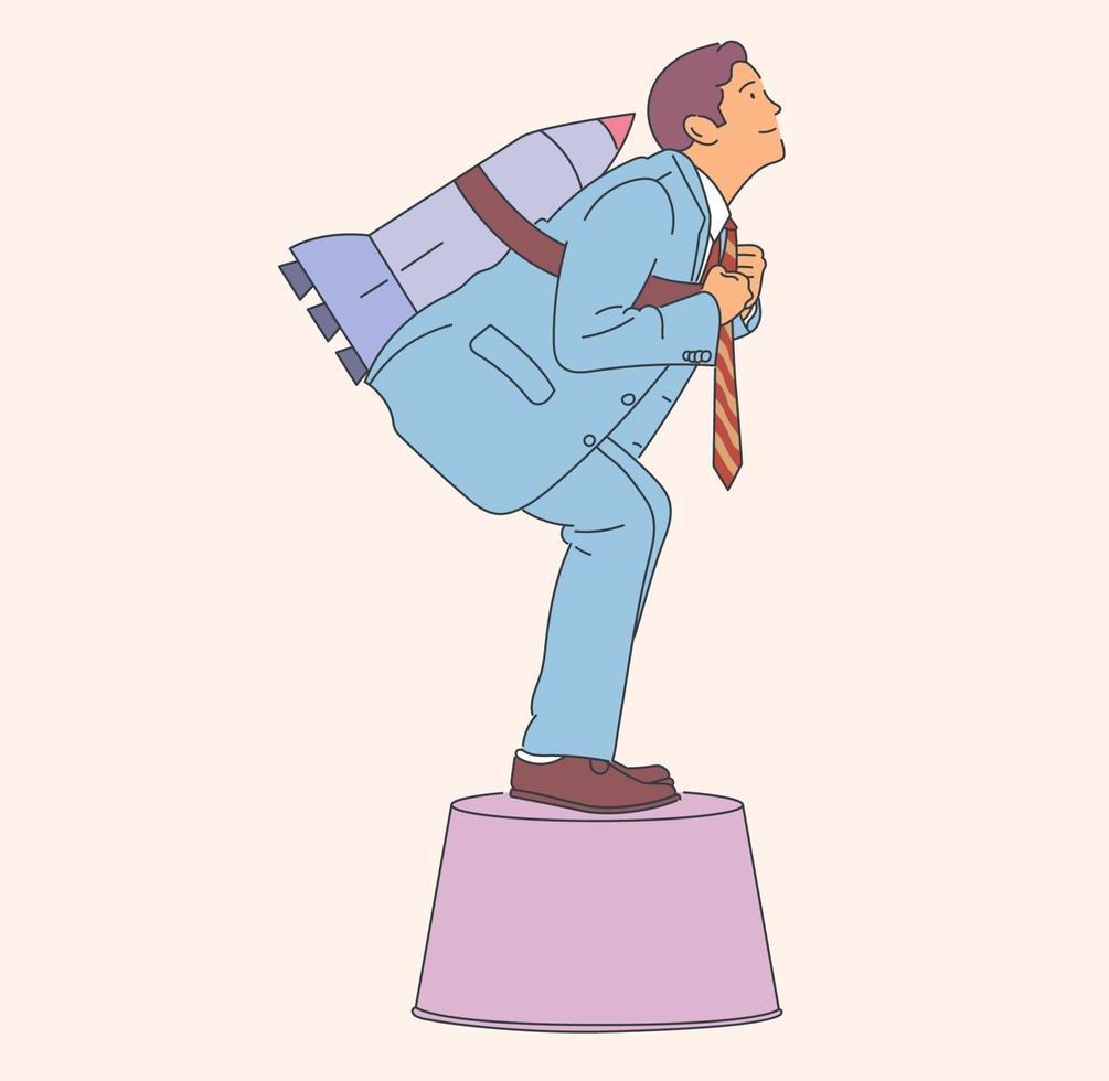 Young happy businessman with a rocket, career advancement. Flat vector illustration.