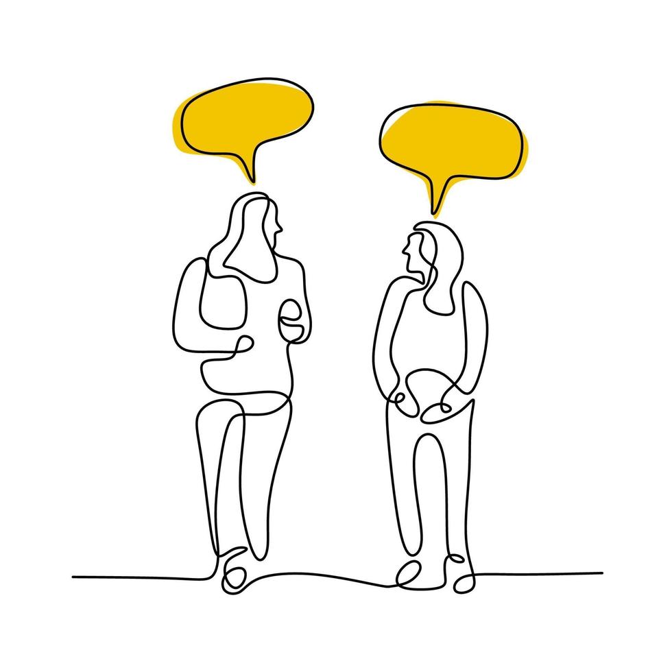 Two young women walking together and talking with speech bubbles continuous line drawing. Young girl discussing about daily activity during stay at home isolated on white background vector