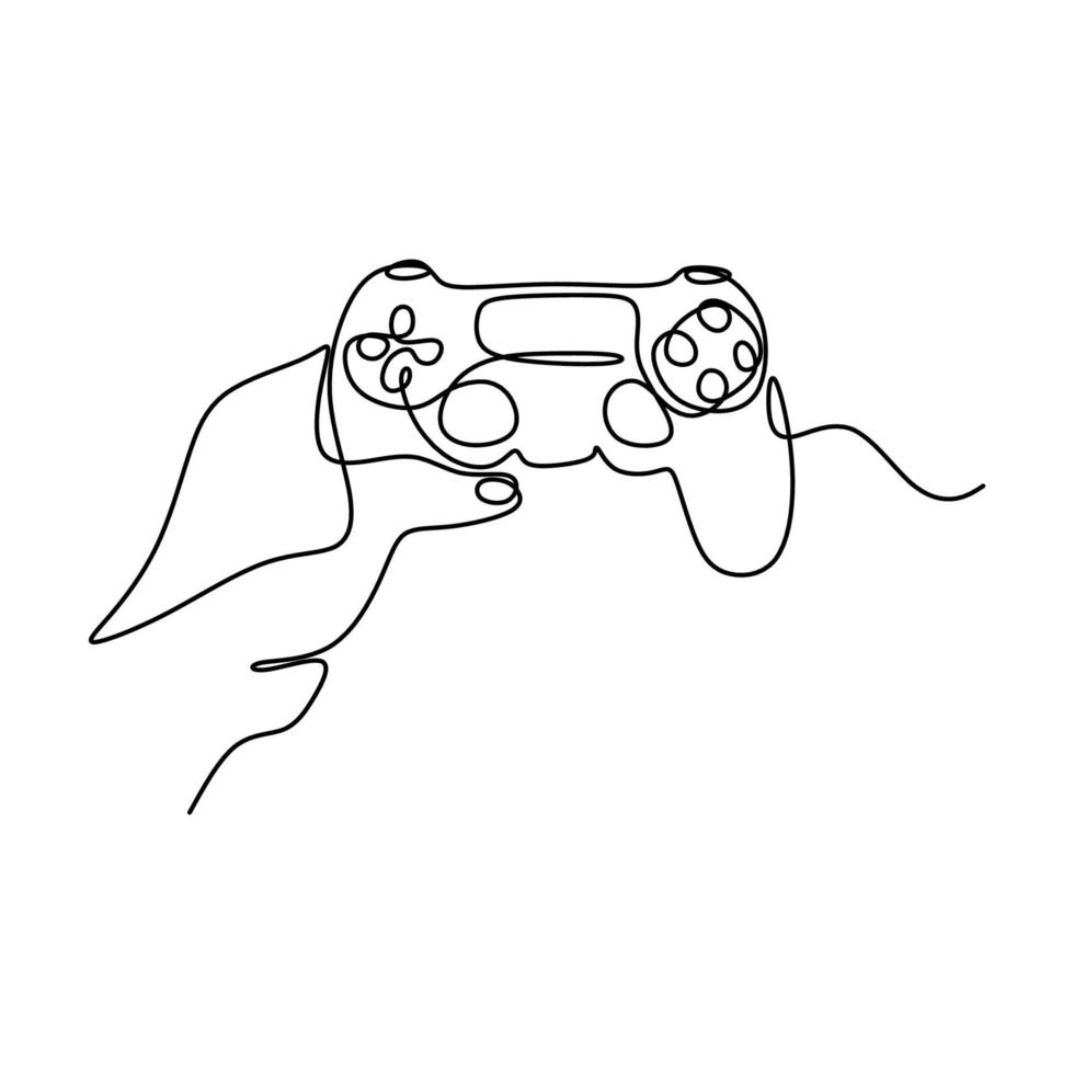 A hand holding game stick one line drawing vector illustration. A joystick to play the game minimalism hand-draw isolated on white background. Wireless game controller for PC concept.