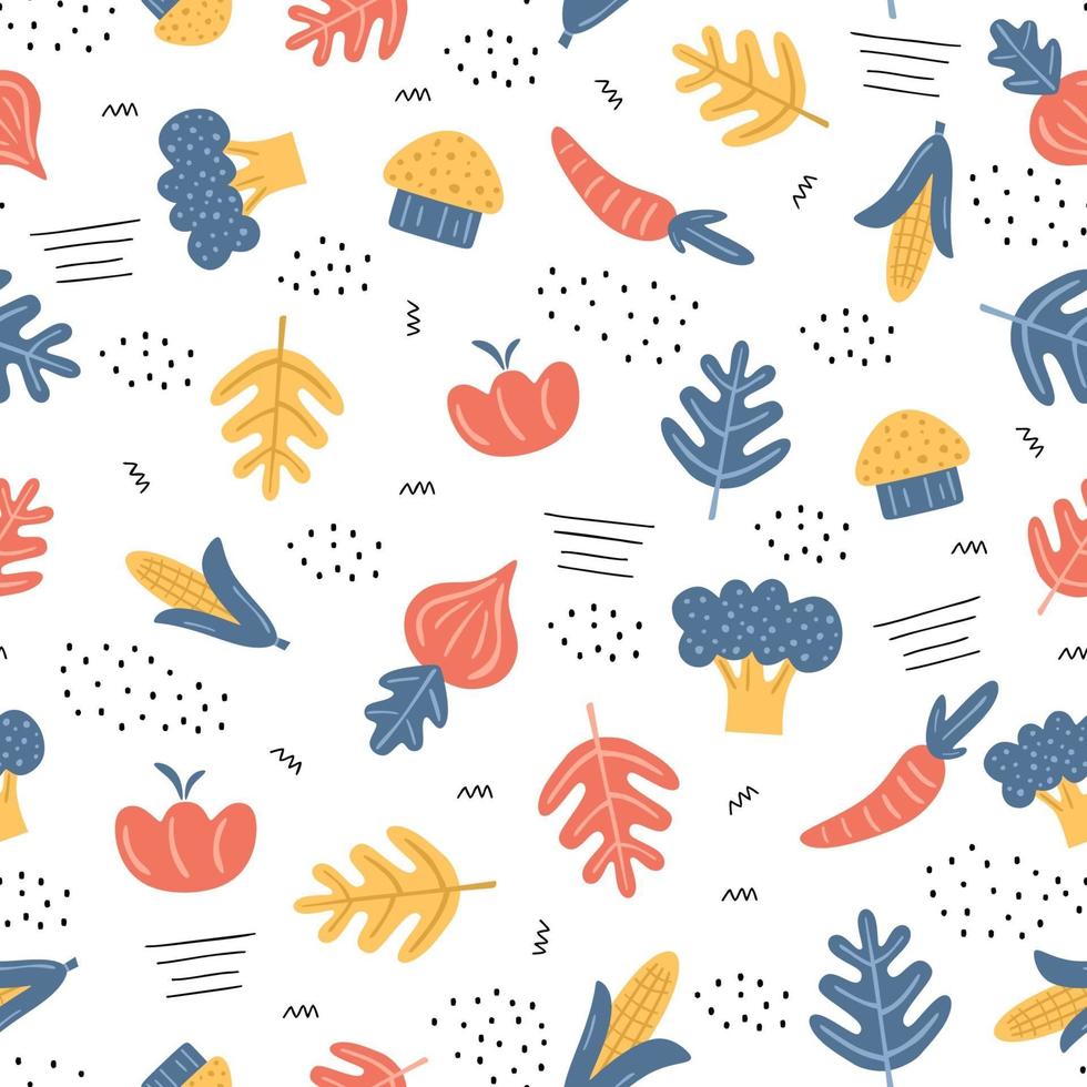 verduras de colores de patrones sin fisuras. Fondo de verduras. tomate, zanahoria, brócoli, maíz dulce, champiñones, cebolla. estilo escandinavo. concepto de comida orgánica saludable. ilustración vectorial vector