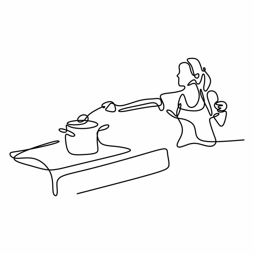 la mujer disfruta haciendo que los alimentos sigan un dibujo de una línea. hermosa joven con delantal cocinar algo de comida en la cocina aislada sobre fondo blanco. ama de casa trabajando en las tareas del hogar vector