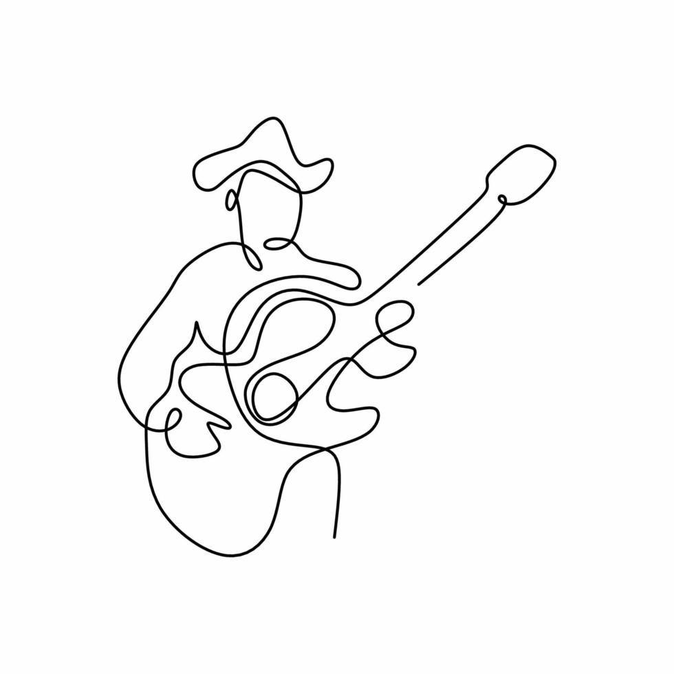 Single line drawing of young guitarist man at stage and playing his electric guitar. Standing young male with hat showing his guitar skill. Musician artist performance concept. Vector illustration