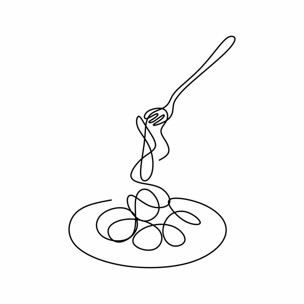 Single continuous line drawing of delicious spaghetti with fork. Italy pasta noodle restaurant concept hand draw line art design vector illustration for cafe, shop or food delivery service