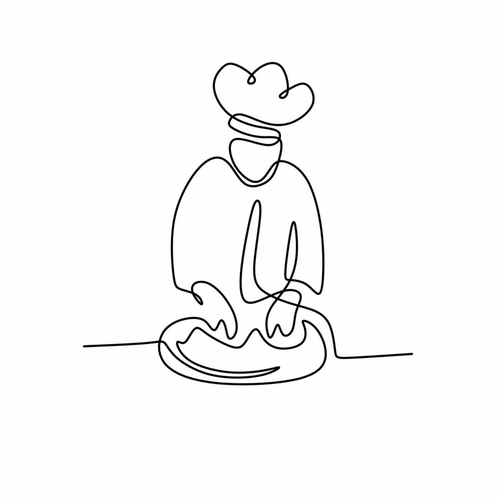 continuous line drawing of chef cooking gourmet meal. A young man chef is preparing to making a foods and do the garnishing minimalism hand drawn sketch design simplicity style. Vector illustration