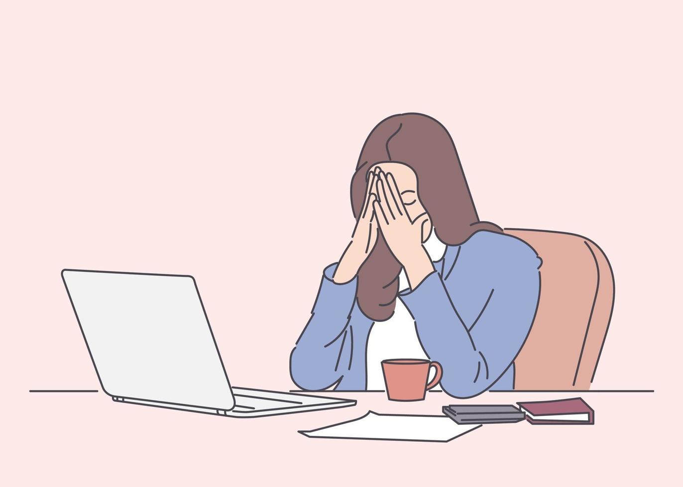 Feeling tired and stressed. Frustrated young woman keeping eyes closed and tired sitting at her working place in office. Hand drawn style vector design illustrations.