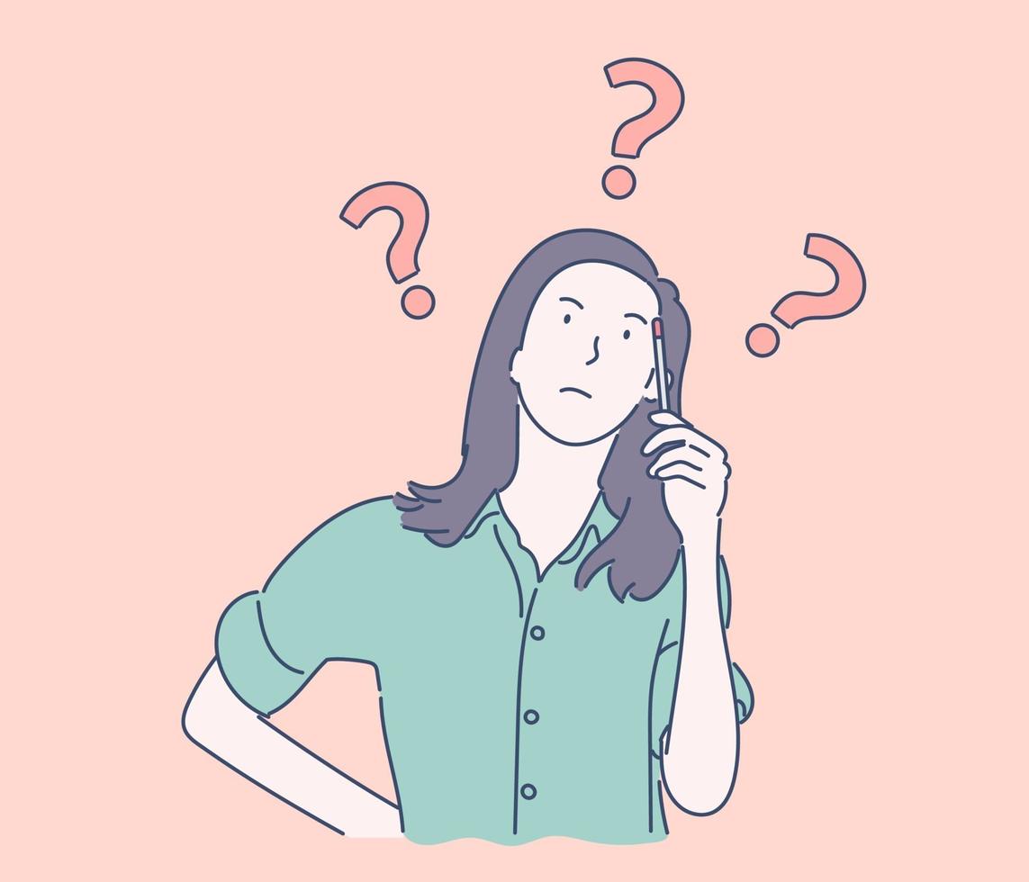 Question, brainstorm, thinking concept of dream young nice pretty cute woman or girl, indecisive lady thought choose decide dilemmas solve problems finding new ideas. Simple flat vector. vector
