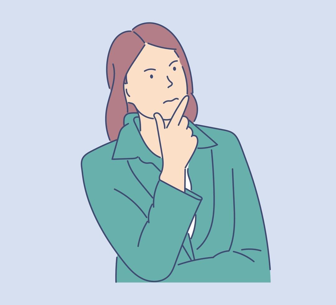 Problem, question, thinking concept. Young business woman choose decide dilemmas solve problems finding new ideas. Hand drawn style vector design illustrations.