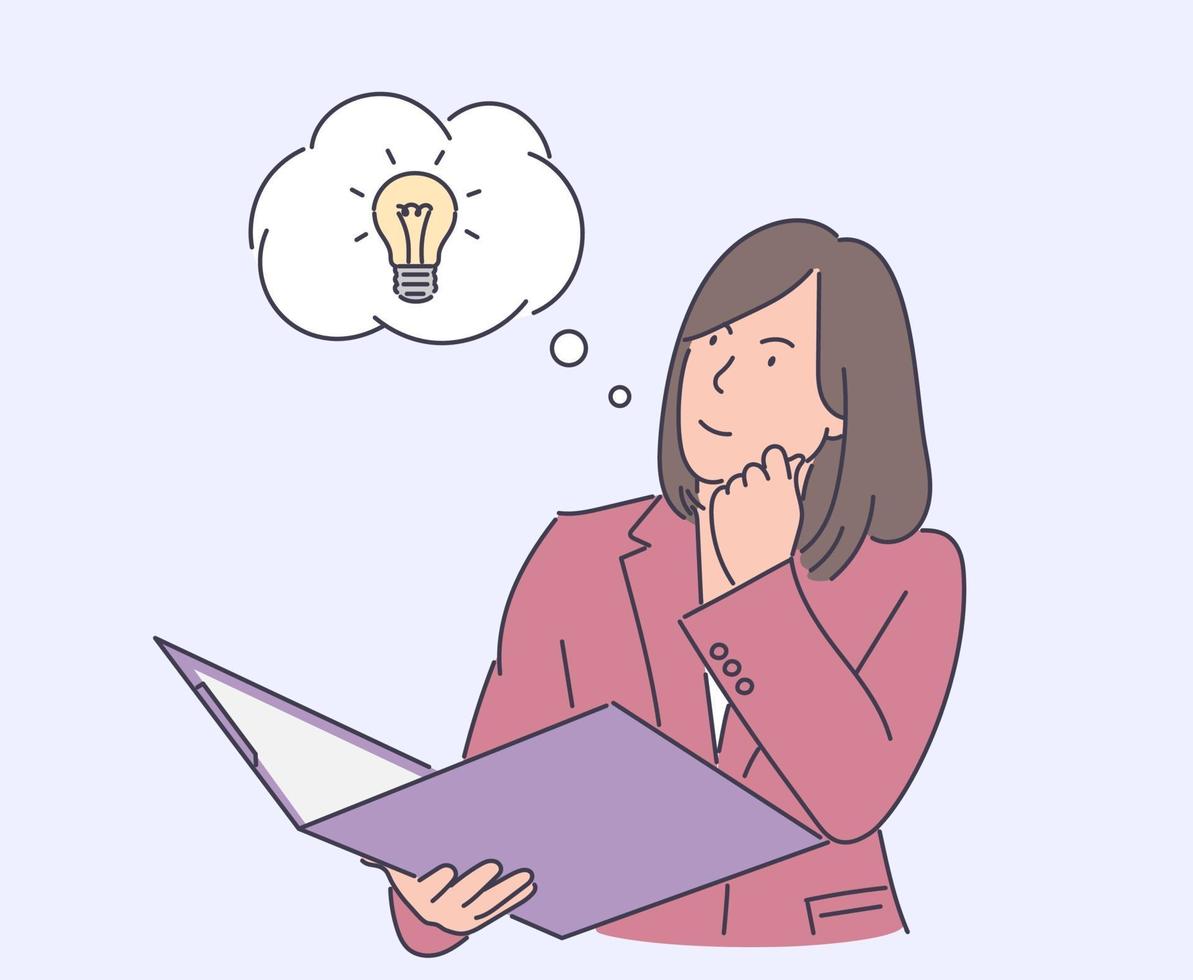 pensamiento, idea, éxito, concepto de negocio. joven mujer de negocios feliz creación de idea, problema o solución de problemas y lluvia de ideas. ilustraciones de diseño de vectores de estilo dibujado a mano.