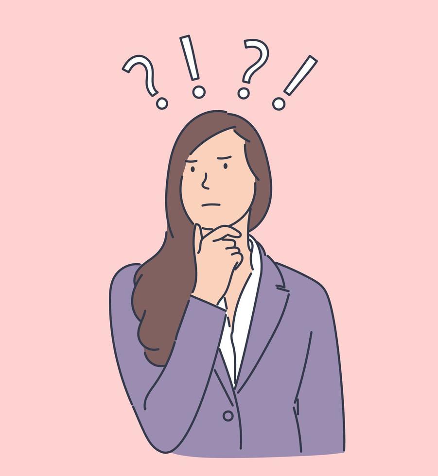 Problem, question, thinking concept. Young business woman decide dilemmas solve problems finding new ideas. Hand drawn style vector design illustrations.