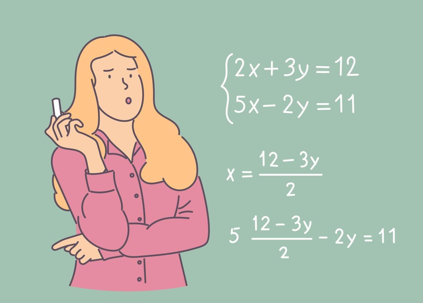 Young pensive thoughtful schoolgirl standing near blackboard and solving math equation with chalk. Educational process vector