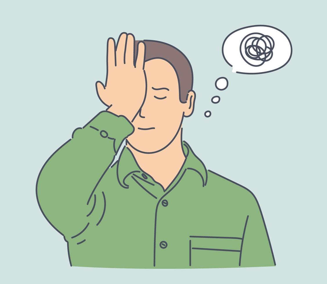 Problem, stress, thinking set concept. Young man has business problem, exclaims in speech bubble. Critical thinking is helpful. Raise of stress level makes nervous. Simple flat vector
